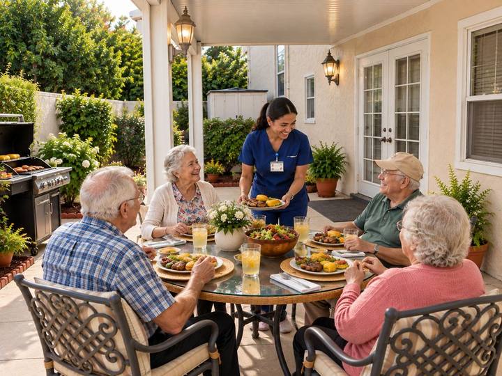 Residents enjoying an outdoor meal on the patio at Paradise Springs Baker Avenue