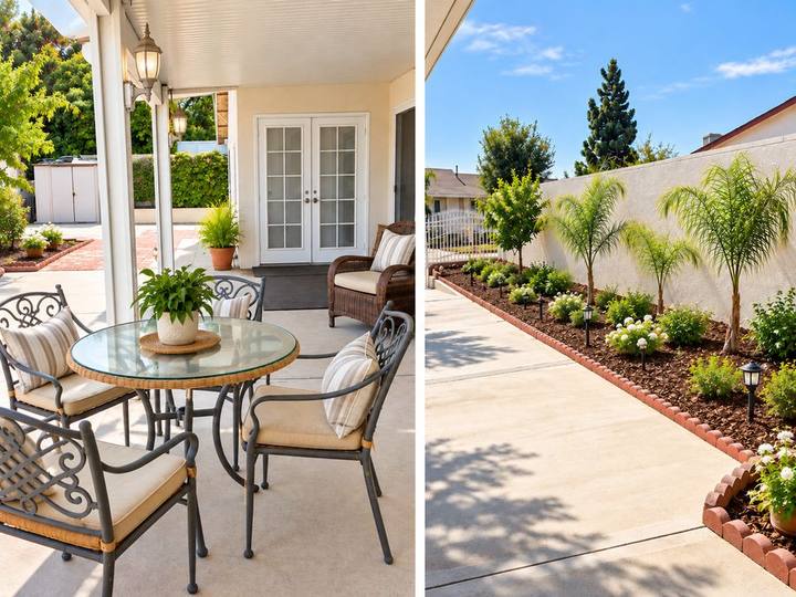 Covered patio and landscaped grounds at Paradise Springs Baker Avenue