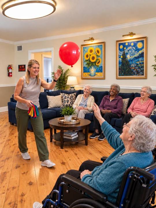 Staff leading a balloon toss activity with residents at Paradise Springs Banyan Street
