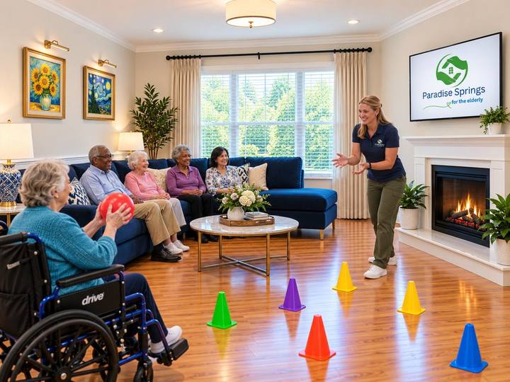 Residents playing a group game together at Paradise Springs Banyan Street