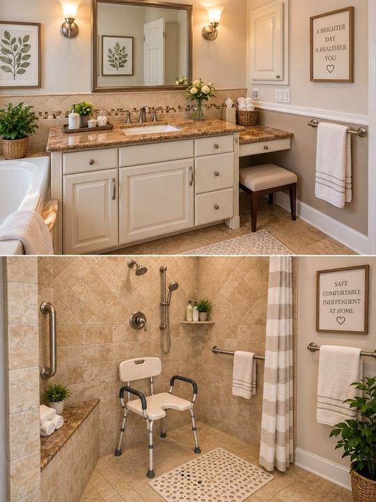 Accessible bathroom with walk-in shower and grab bars at Paradise Springs Banyan Street