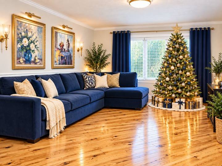 Living room decorated for the holidays at Paradise Springs Banyan Street