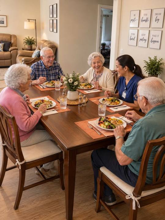 Residents sharing a meal together at Paradise Springs Banyan Street in Rancho Cucamonga, CA