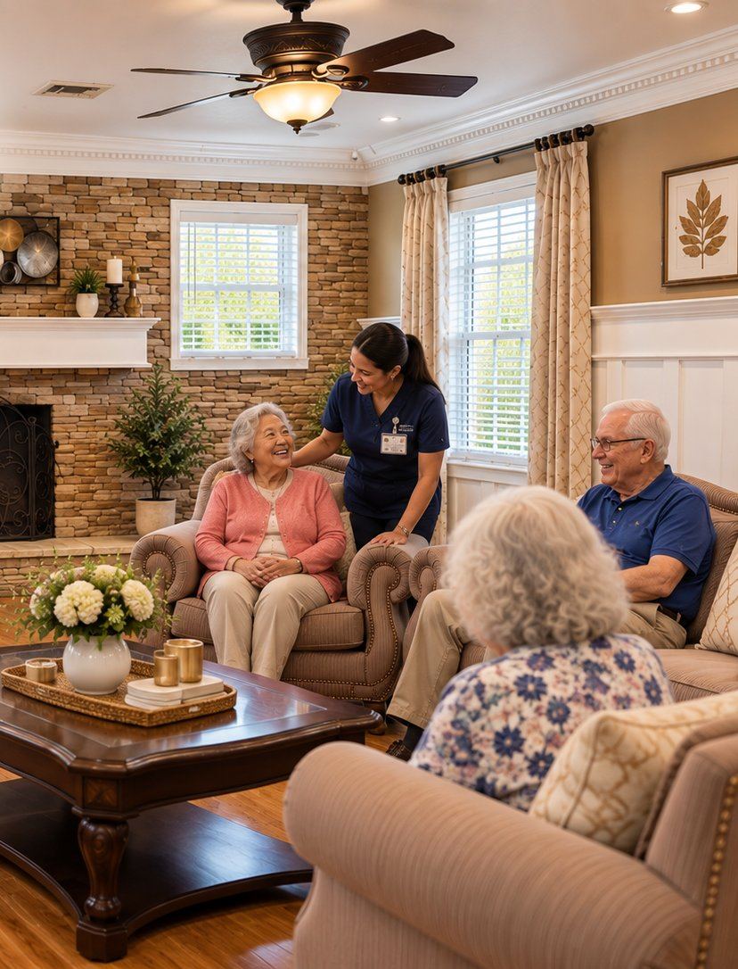 Caregiver warmly greeting residents gathered together in the living room